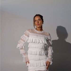 White Ruffled Tiered Sheath Dress with Bishop Sleeves